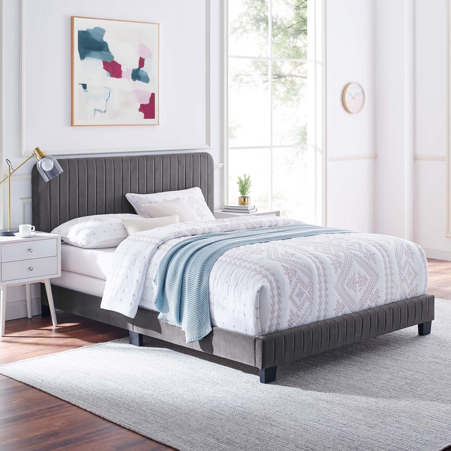 Celine Channel Tufted Performance Velvet Twin Bed, Velvet, Grey Gray, 22028
