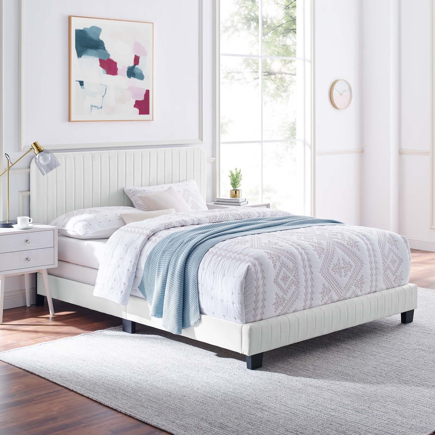Celine Channel Tufted Performance Velvet Twin Bed, Velvet, White, 22034