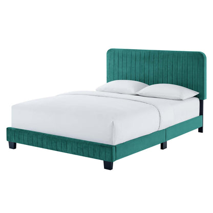 Celine Channel Tufted Performance Velvet King Platform Bed, Velvet, Teal Blue, 22042