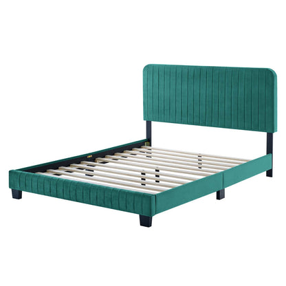 Celine Channel Tufted Performance Velvet King Platform Bed, Velvet, Teal Blue, 22042