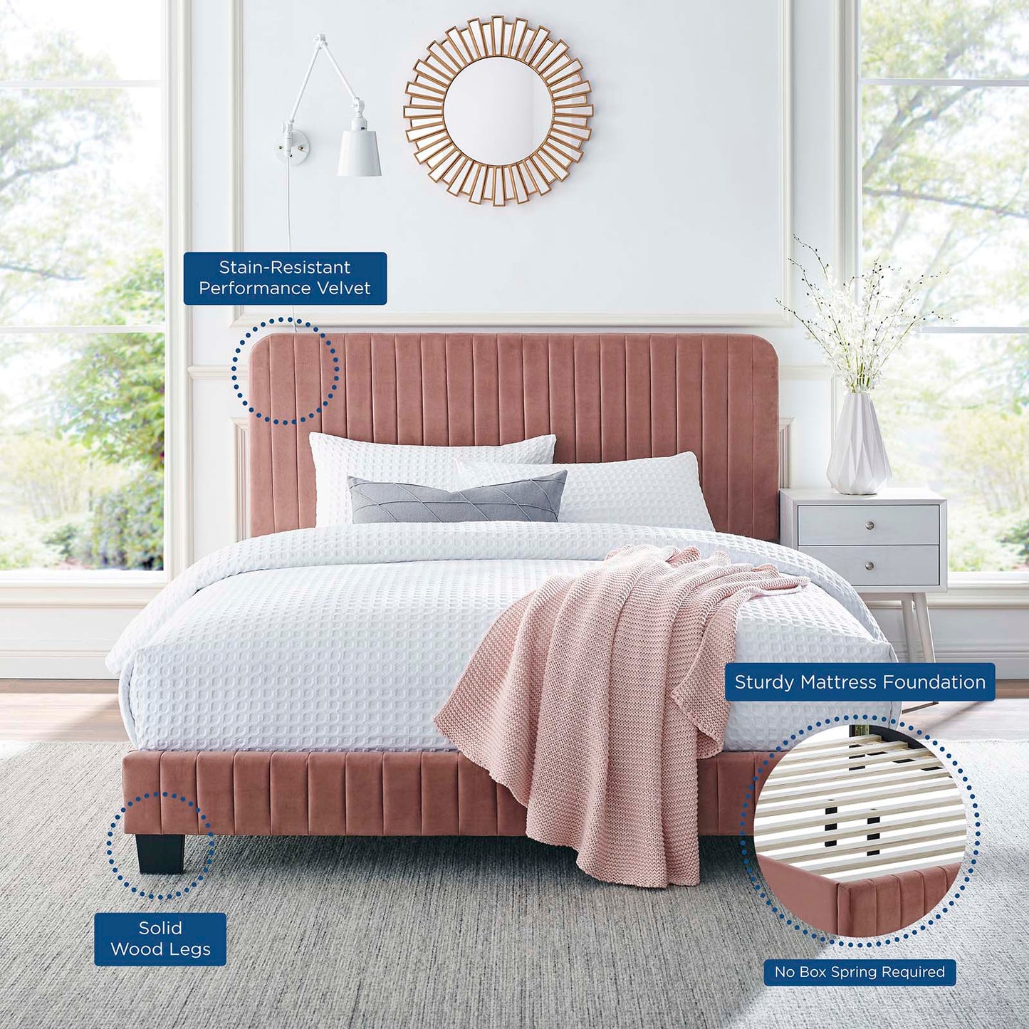 Celine Channel Tufted Performance Velvet Queen Platform Bed, Velvet, Pink, 22044