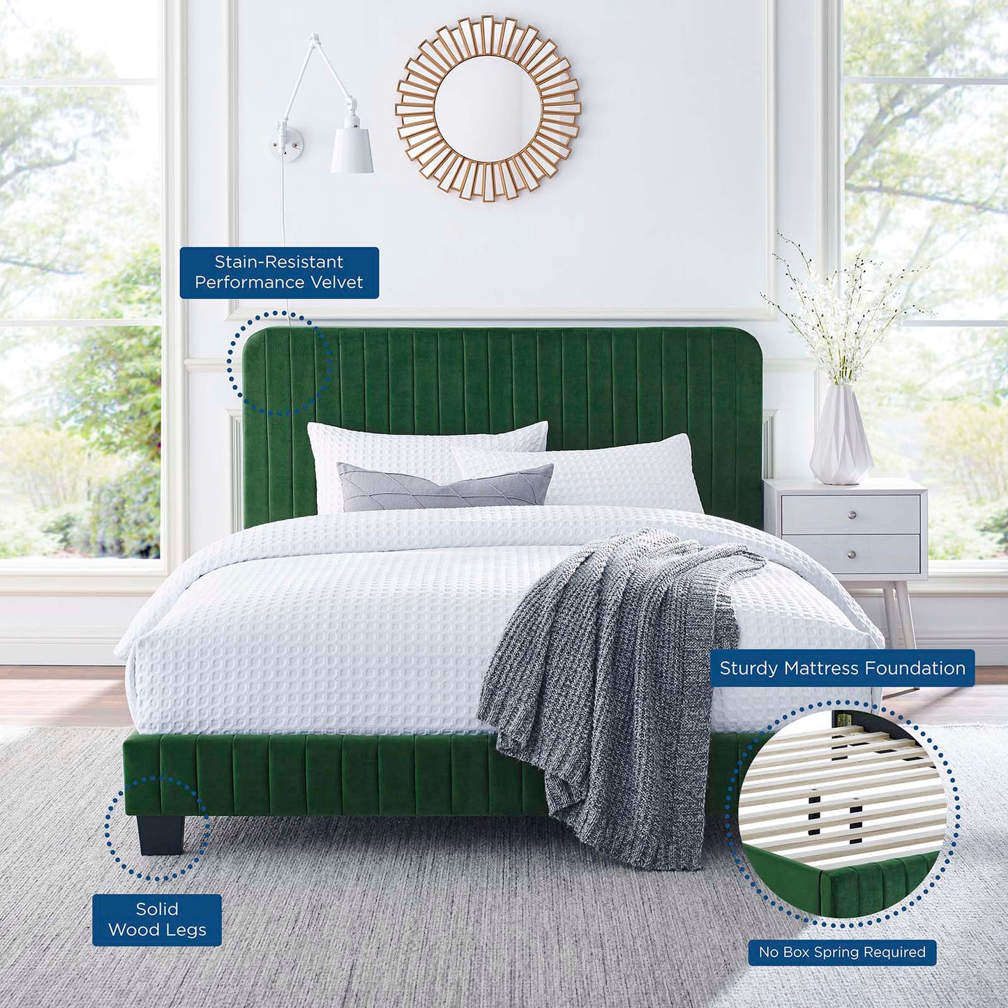 Celine Channel Tufted Performance Velvet Queen Platform Bed, Velvet, Green, 22045
