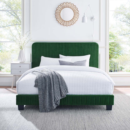 Celine Channel Tufted Performance Velvet Queen Platform Bed, Velvet, Green, 22045