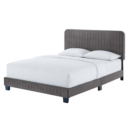 Celine Channel Tufted Performance Velvet Queen Platform Bed, Velvet, Grey Gray, 22046