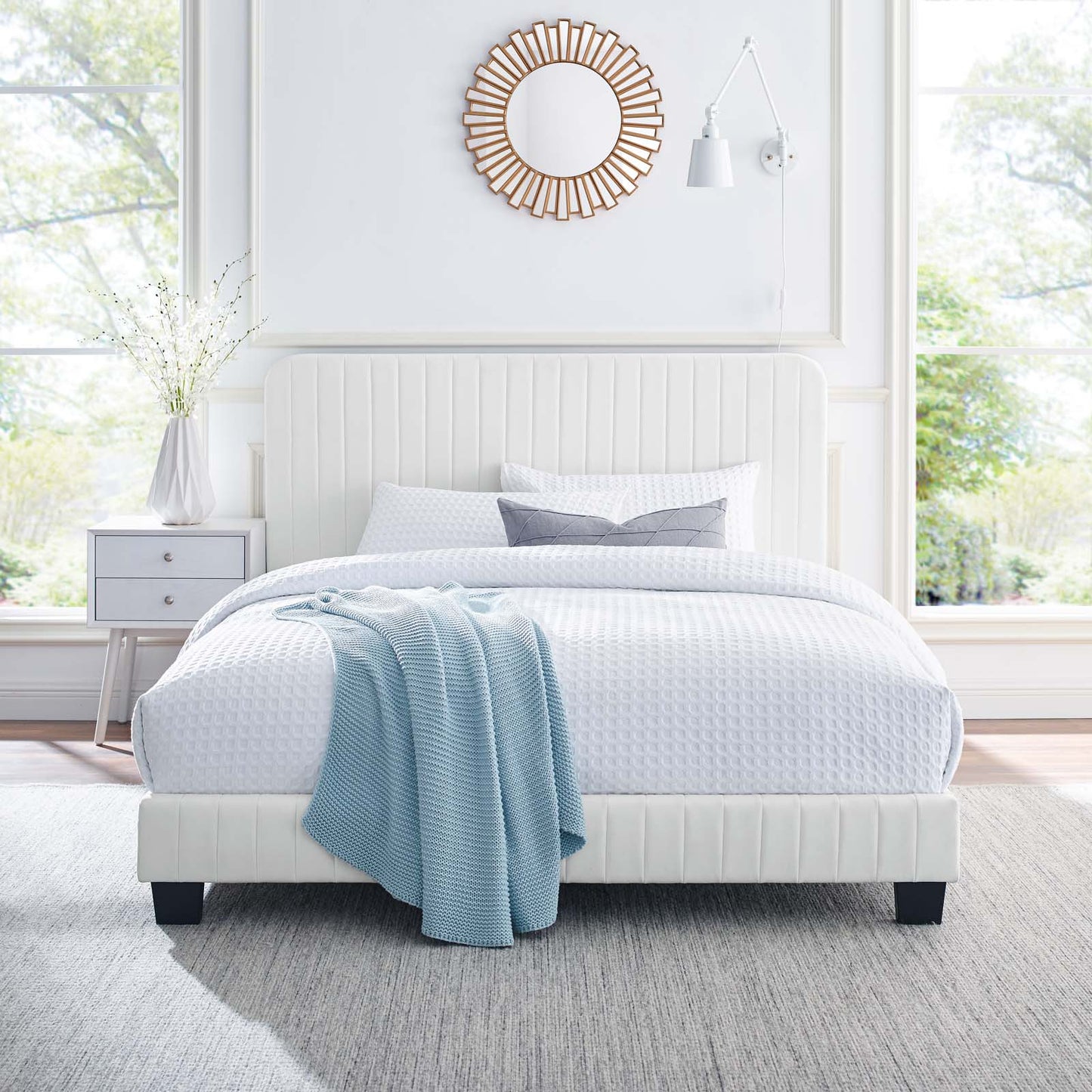 Celine Channel Tufted Performance Velvet Queen Platform Bed, Velvet, White, 22052