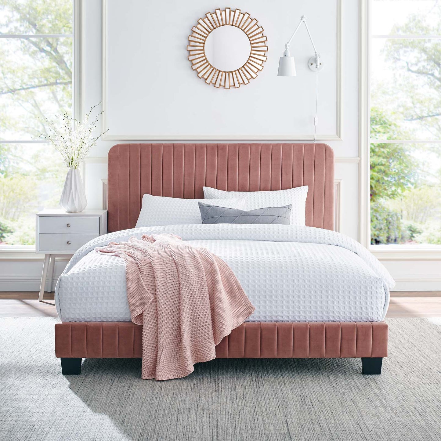 Celine Channel Tufted Performance Velvet Full Platform Bed, Velvet, Pink, 22053