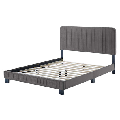 Celine Channel Tufted Performance Velvet Full Platform Bed, Velvet, Grey Gray, 22055