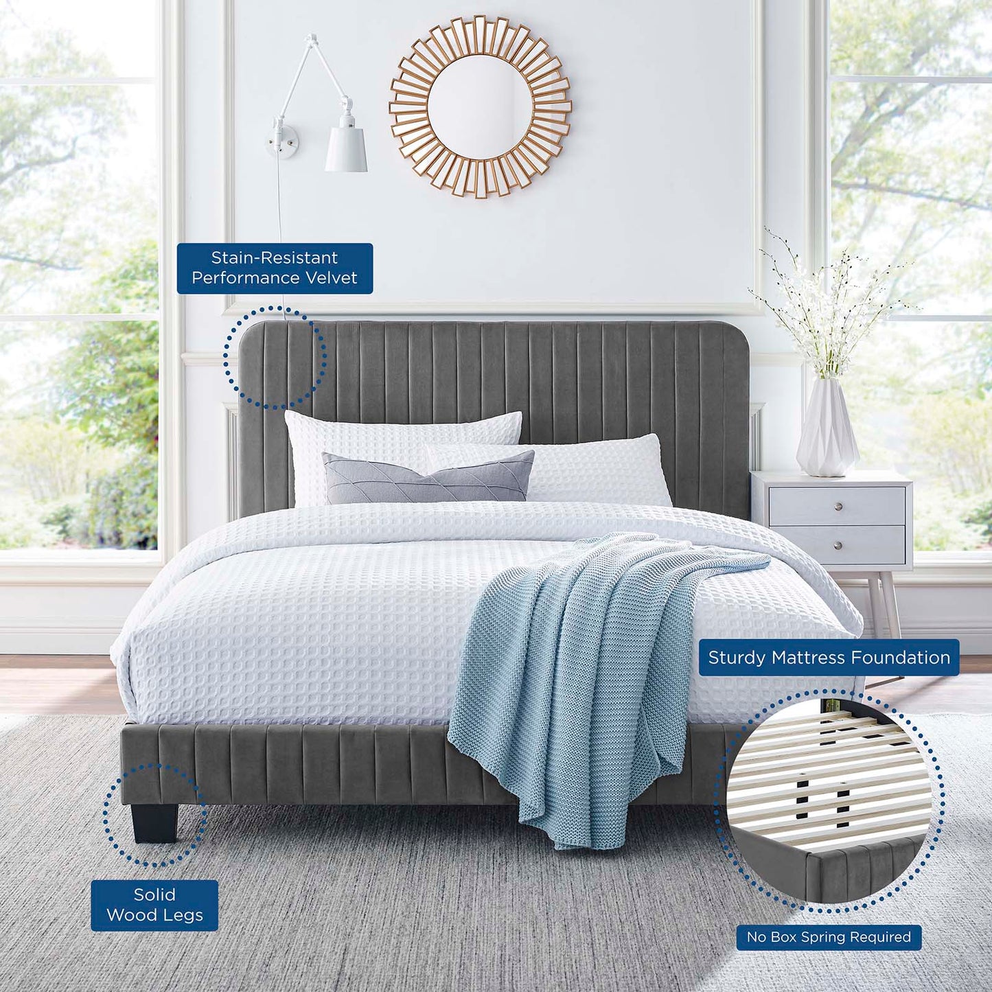 Celine Channel Tufted Performance Velvet Full Platform Bed, Velvet, Grey Gray, 22055