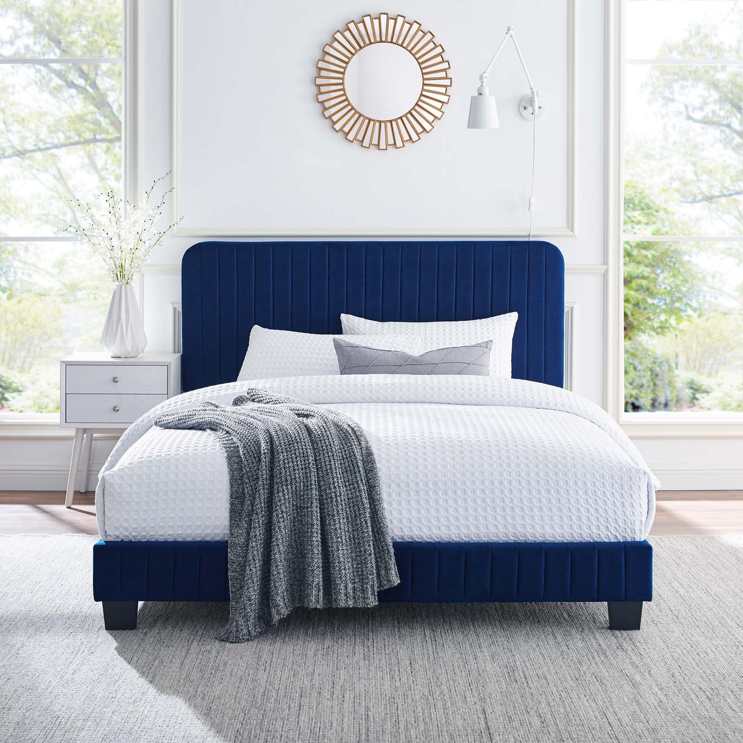 Celine Channel Tufted Performance Velvet Full Platform Bed, Velvet, Blue Navy, 22058