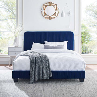 Celine Channel Tufted Performance Velvet Full Platform Bed, Velvet, Blue Navy, 22058