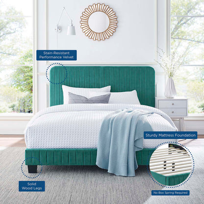 Celine Channel Tufted Performance Velvet Full Platform Bed, Velvet, Teal Blue, 22060