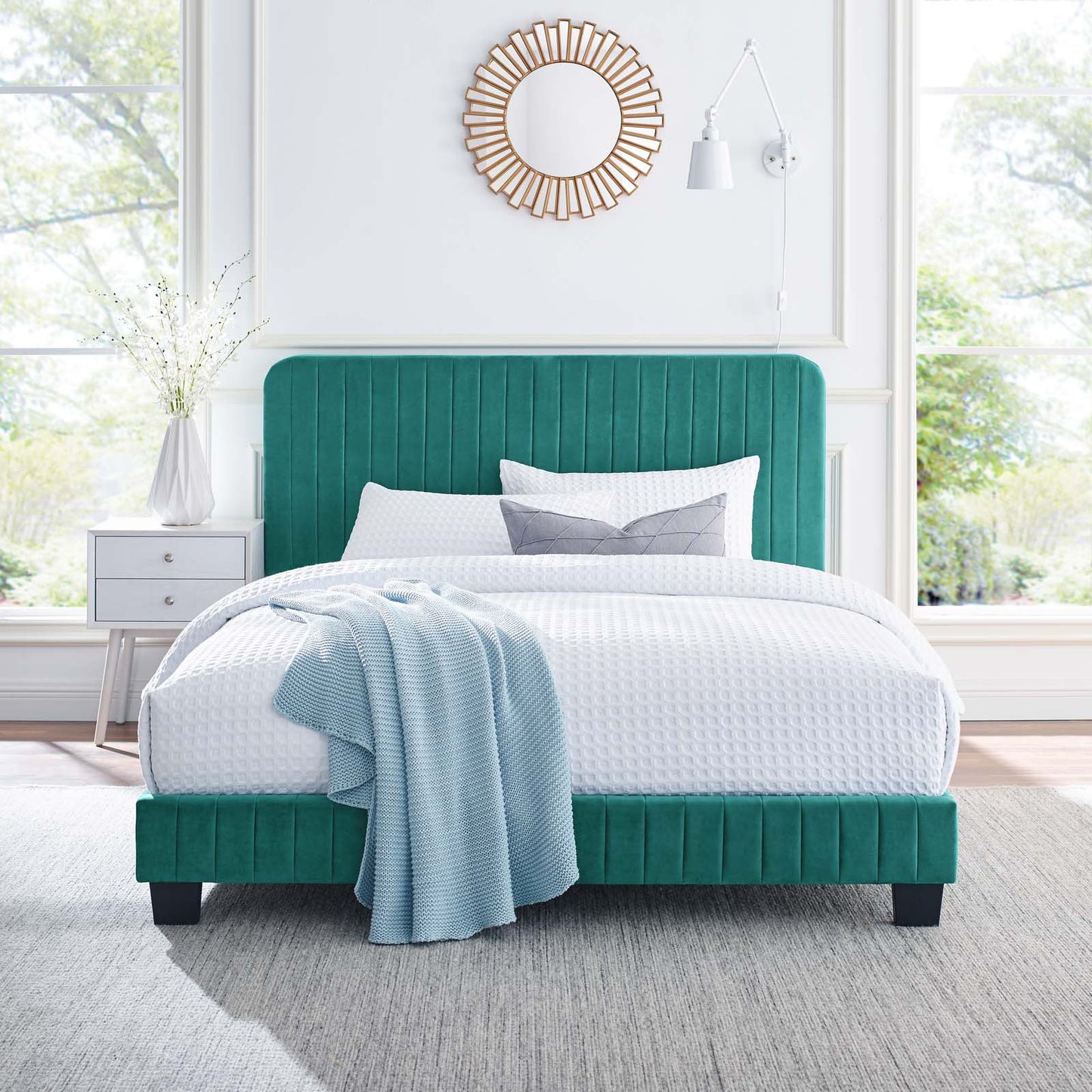 Celine Channel Tufted Performance Velvet Full Platform Bed, Velvet, Teal Blue, 22060