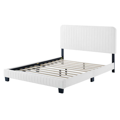 Celine Channel Tufted Performance Velvet Full Platform Bed, Velvet, White, 22061
