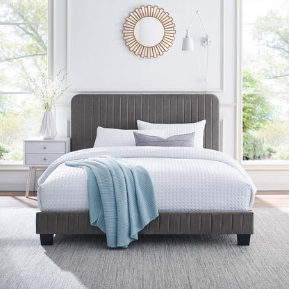 Celine Channel Tufted Performance Velvet Twin Platform Bed, Velvet, Grey Gray, 22064