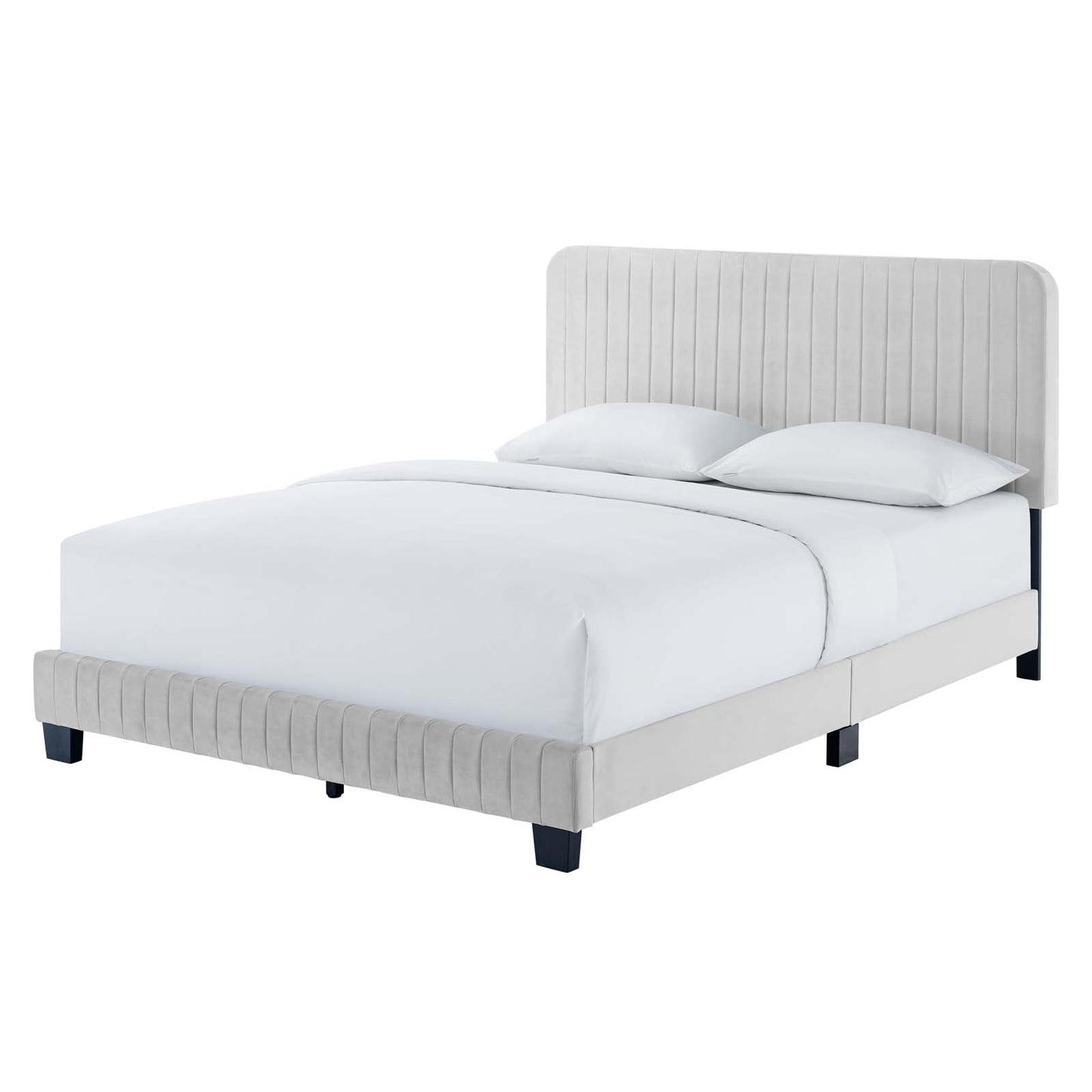 Celine Channel Tufted Performance Velvet Twin Platform Bed, Velvet, Light Grey Gray, 22065