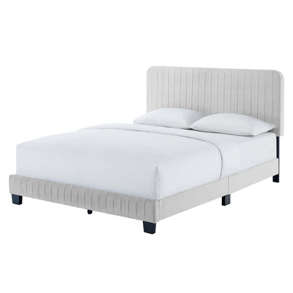 Celine Channel Tufted Performance Velvet Twin Platform Bed, Velvet, Light Grey Gray, 22065