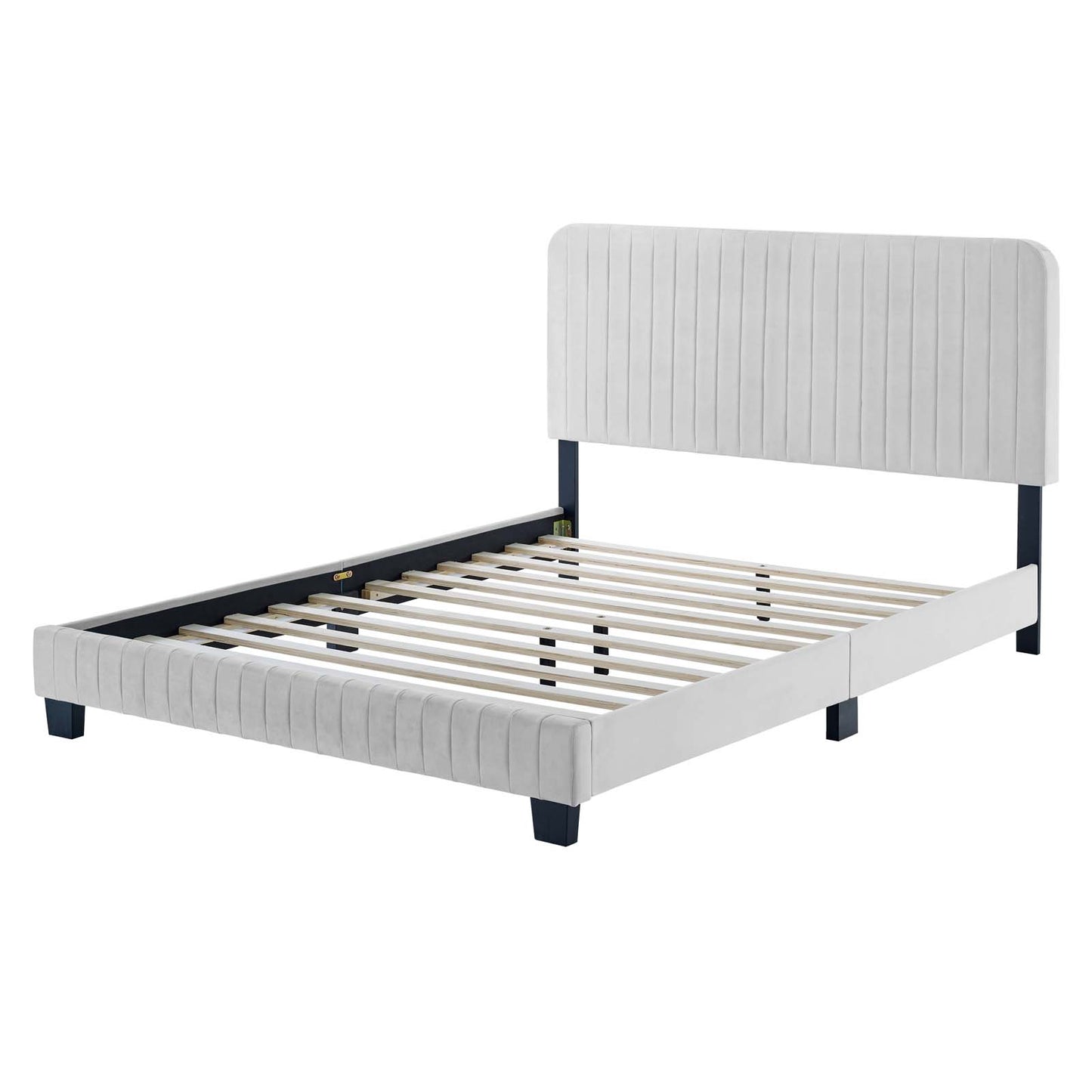 Celine Channel Tufted Performance Velvet Twin Platform Bed, Velvet, Light Grey Gray, 22065