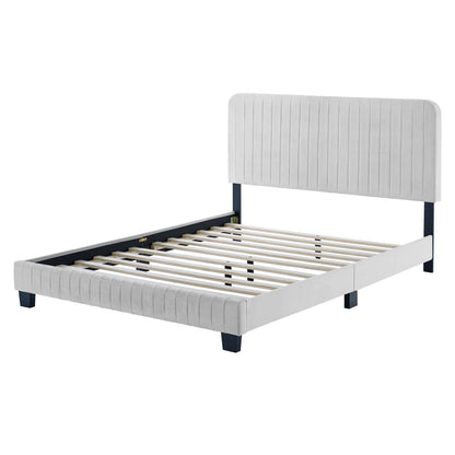 Celine Channel Tufted Performance Velvet Twin Platform Bed, Velvet, Light Grey Gray, 22065