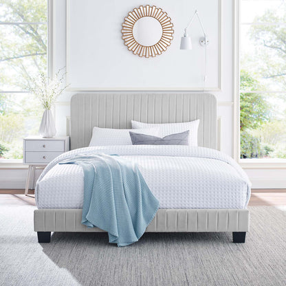 Celine Channel Tufted Performance Velvet Twin Platform Bed, Velvet, Light Grey Gray, 22065
