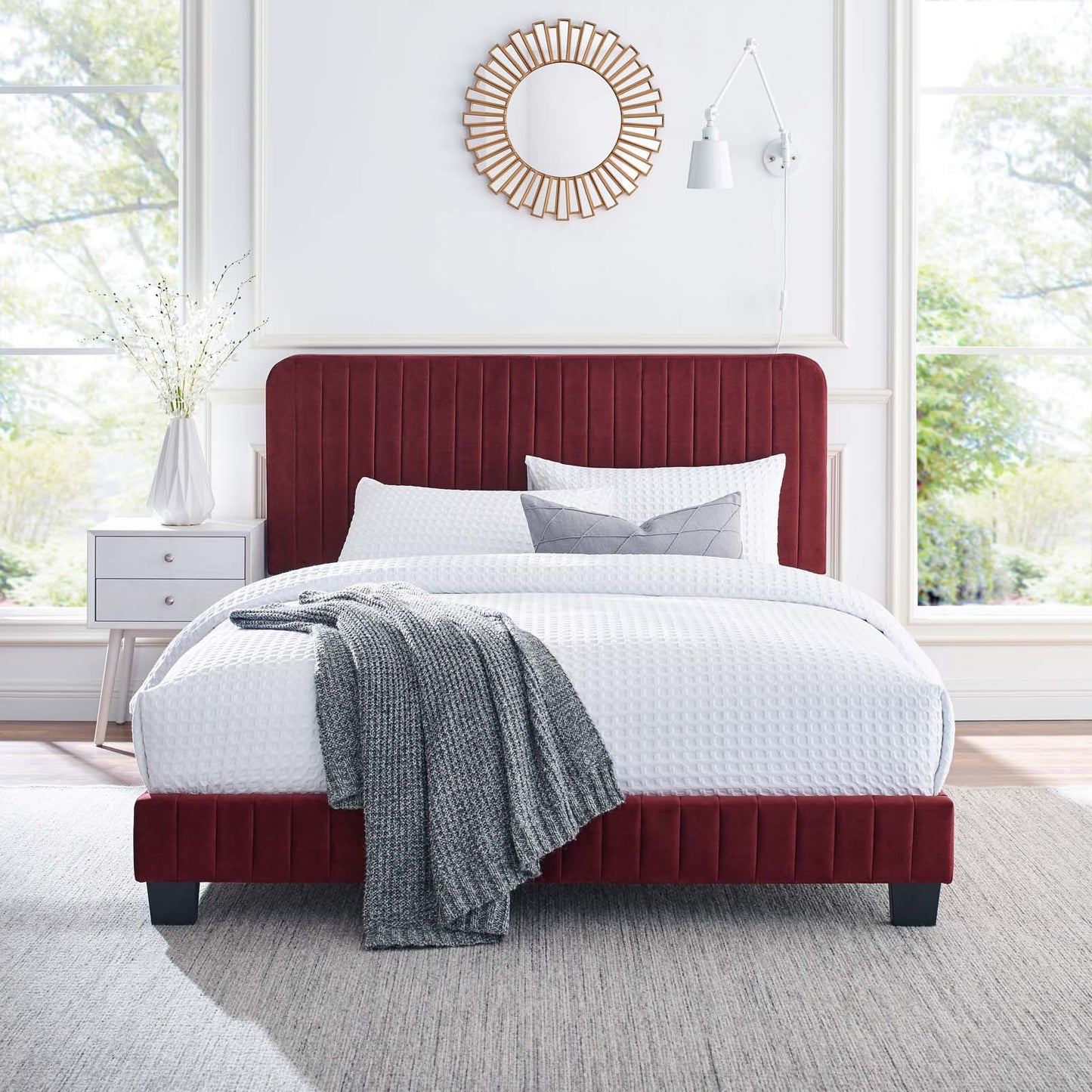 Celine Channel Tufted Performance Velvet Twin Platform Bed, Velvet, Red, 22066