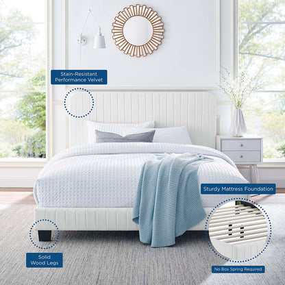 Celine Channel Tufted Performance Velvet Twin Platform Bed, Velvet, White, 22070