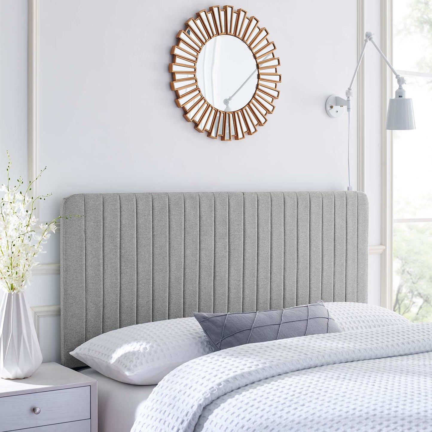 Milenna Channel Tufted Upholstered Fabric Twin Headboard, Fabric, Light Grey Gray, 22076