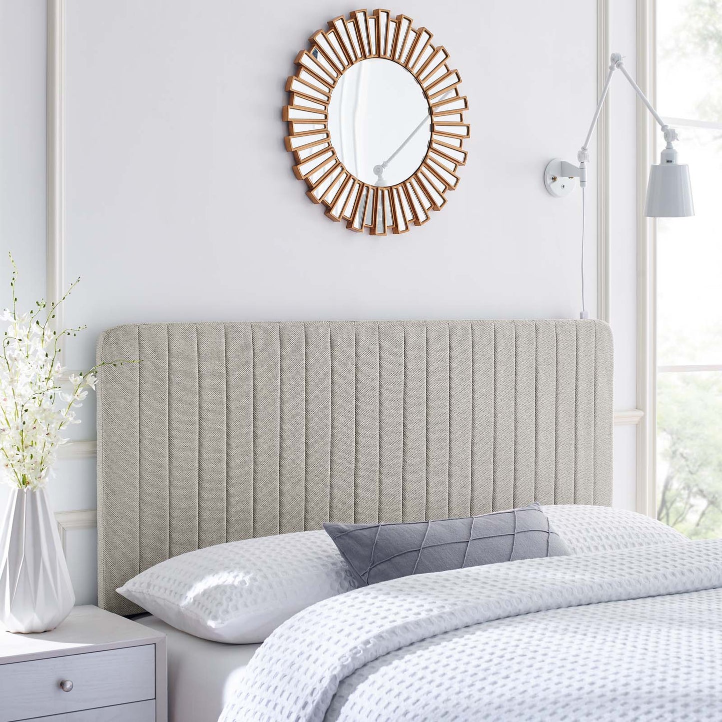 Milenna Channel Tufted Upholstered Fabric Twin Headboard, Fabric, Oatmeal, 22077