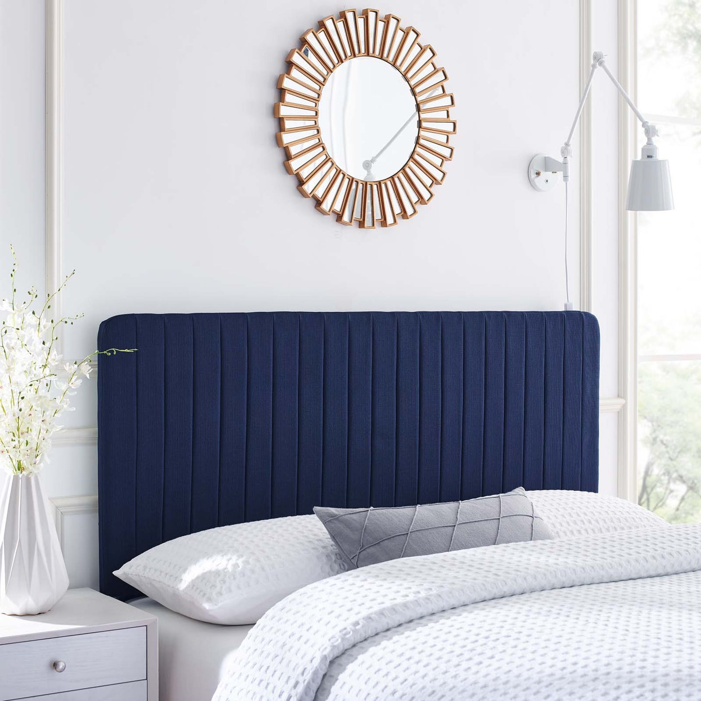Milenna Channel Tufted Upholstered Fabric Twin Headboard, Fabric, Dark Blue, 22078