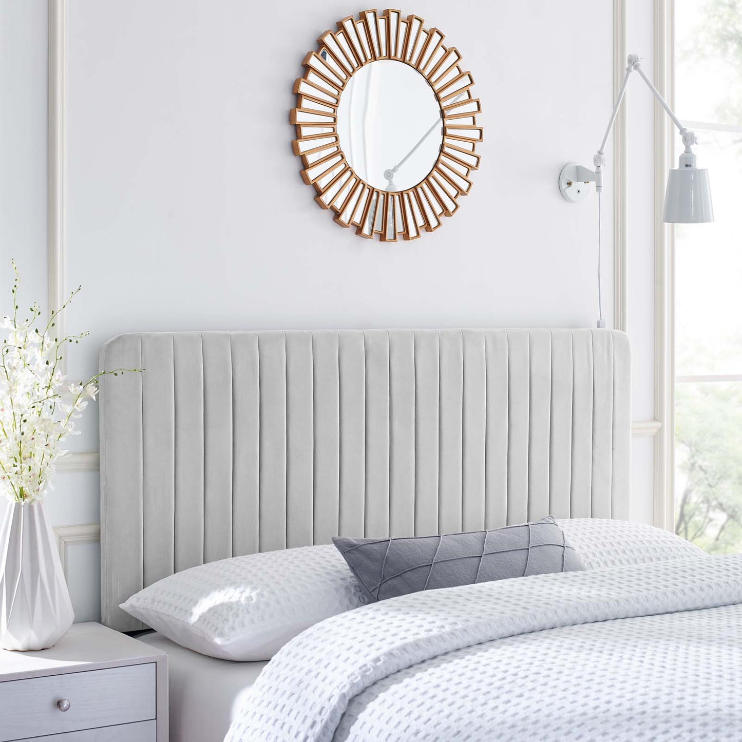 Milenna Channel Tufted Performance Velvet Full/Queen Headboard, Velvet, Light Grey Gray, 22081
