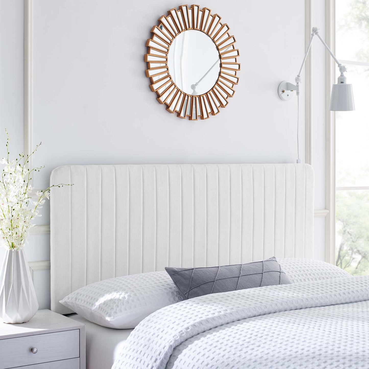 Milenna Channel Tufted Upholstered Fabric Full/Queen Headboard, Fabric, White, 22088