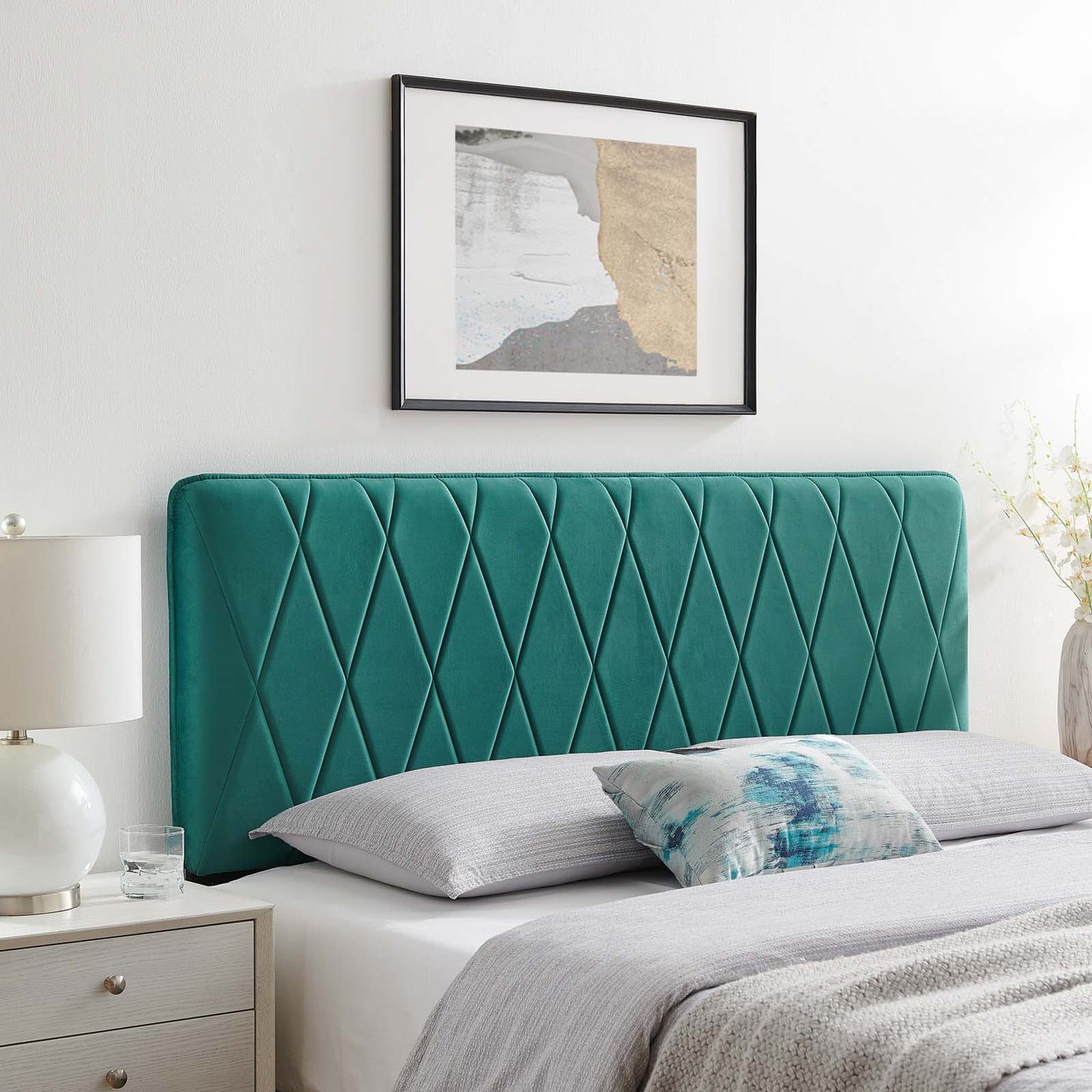 Leila Performance Velvet Twin Headboard, Velvet, Teal Blue, 22104