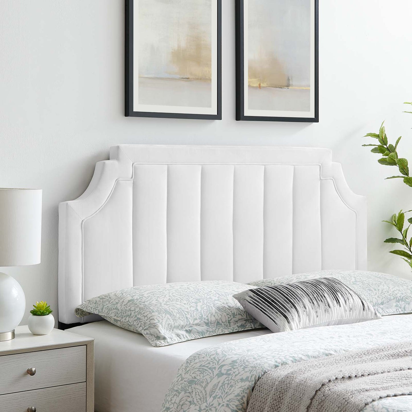 Alyona Channel Tufted Performance Velvet Twin Headboard, Velvet, White, 22129