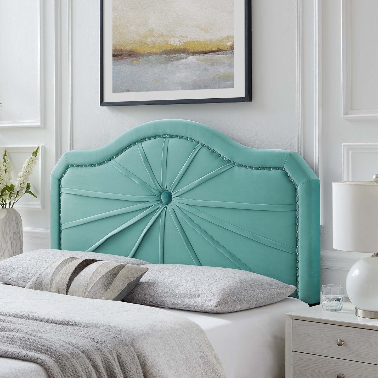 Kristin Pleated Performance Velvet Twin Headboard, Velvet, Blue, 22149