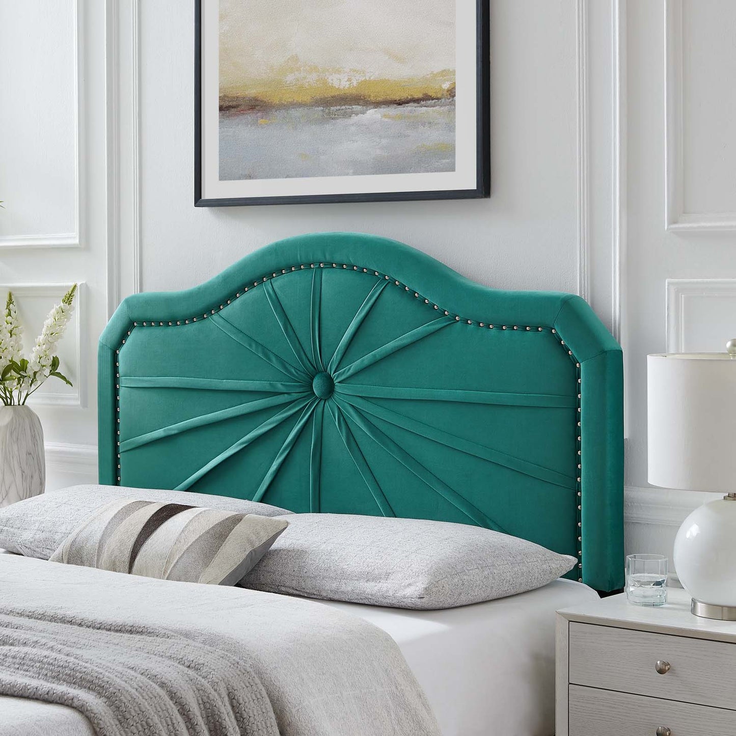 Kristin Pleated Performance Velvet Twin Headboard, Velvet, Teal Blue, 22152