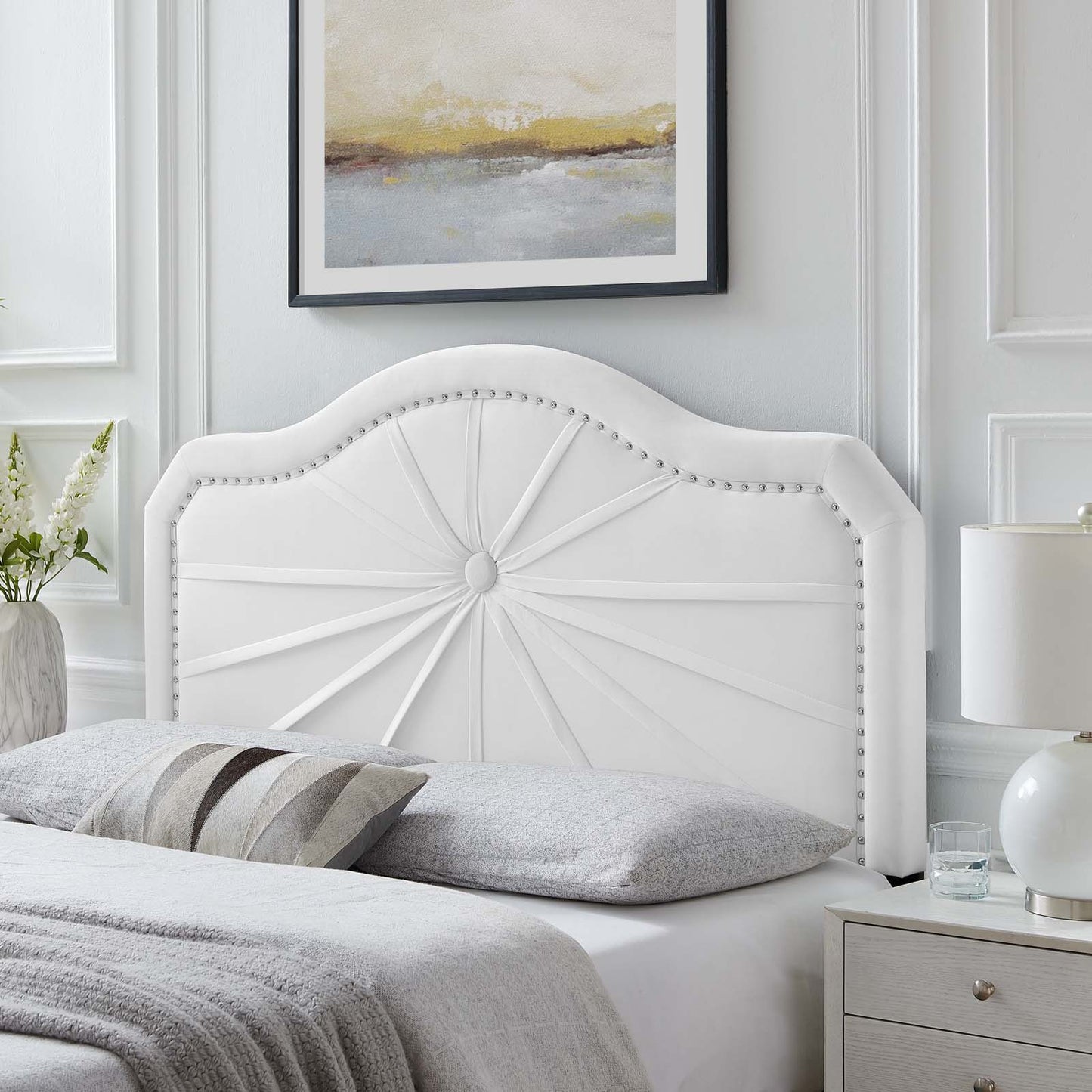 Kristin Pleated Performance Velvet King/California King Headboard, Velvet, White, 22169