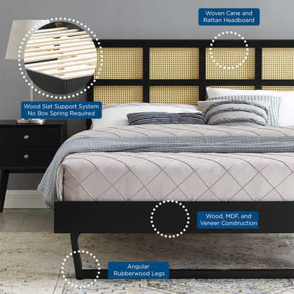 Sidney Cane and Wood Queen Platform Bed With Angular Legs, Wood, Black, 22200