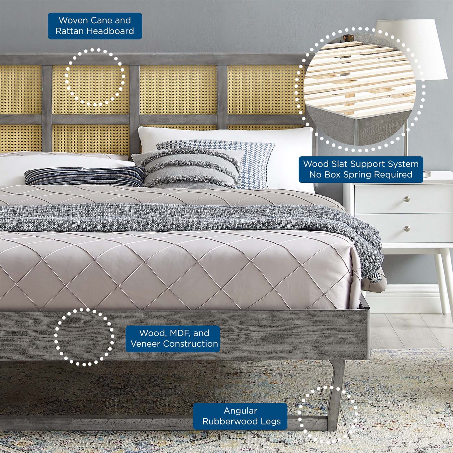 Sidney Cane and Wood Queen Platform Bed With Angular Legs, Wood, Grey Gray, 22201