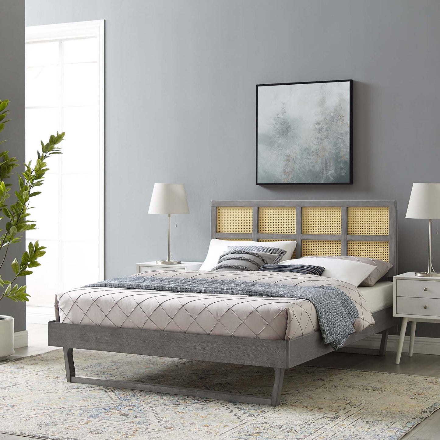 Sidney Cane and Wood Queen Platform Bed With Angular Legs, Wood, Grey Gray, 22201