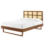 Sidney Cane and Wood Queen Platform Bed With Angular Legs, Wood, Brown Walnut, 22202