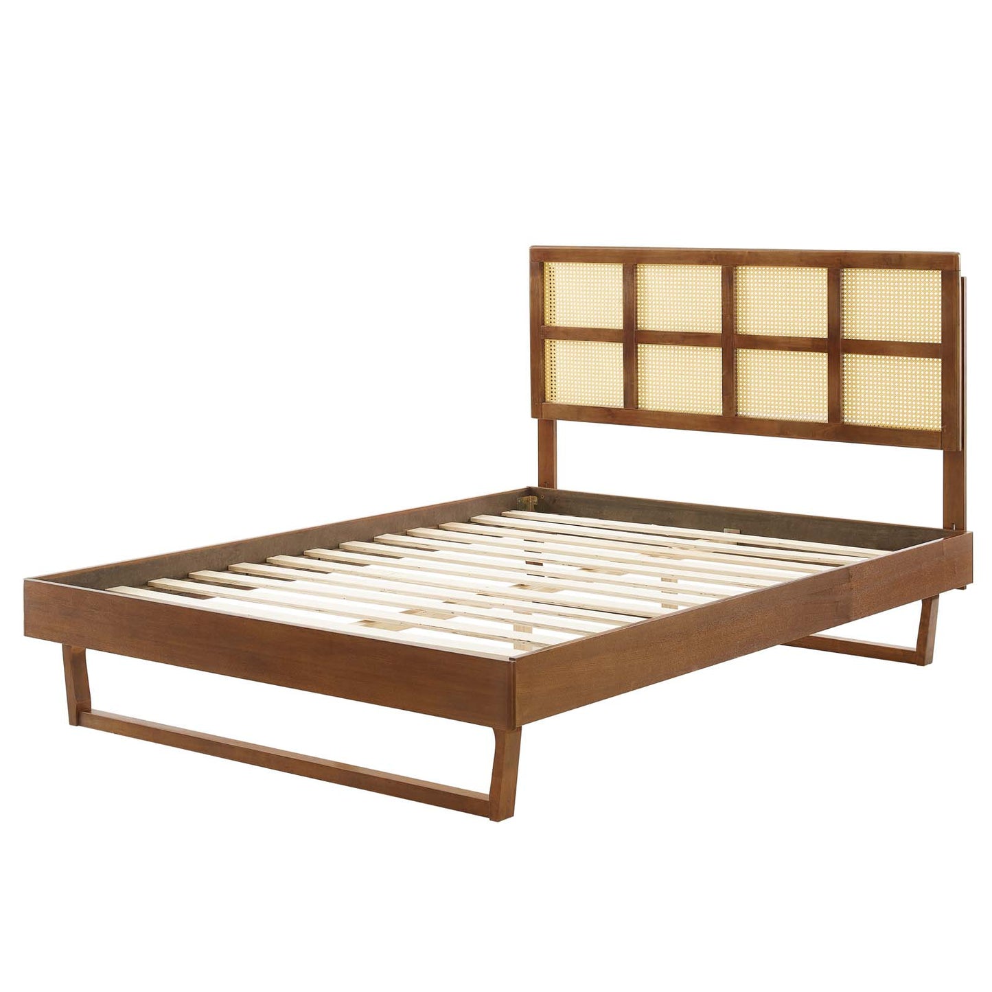 Sidney Cane and Wood Queen Platform Bed With Angular Legs, Wood, Brown Walnut, 22202