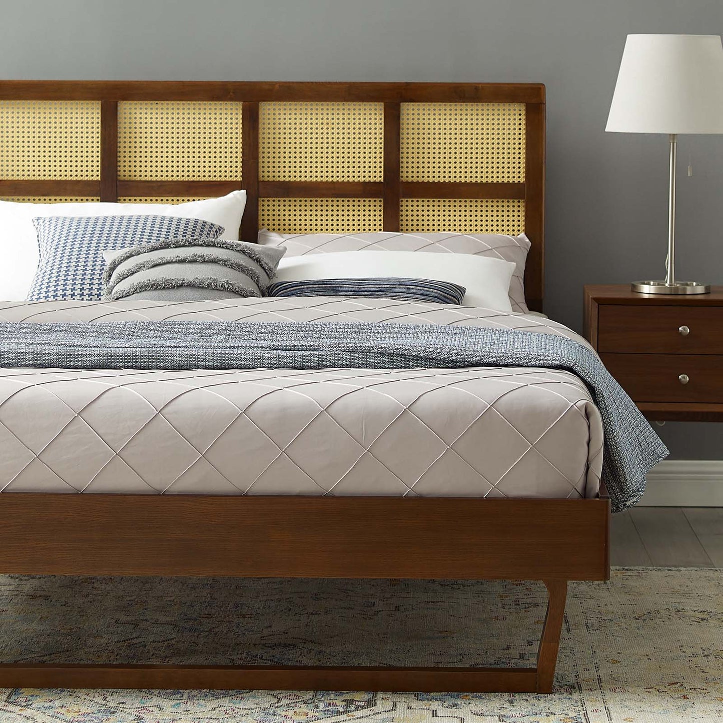 Sidney Cane and Wood Queen Platform Bed With Angular Legs, Wood, Brown Walnut, 22202