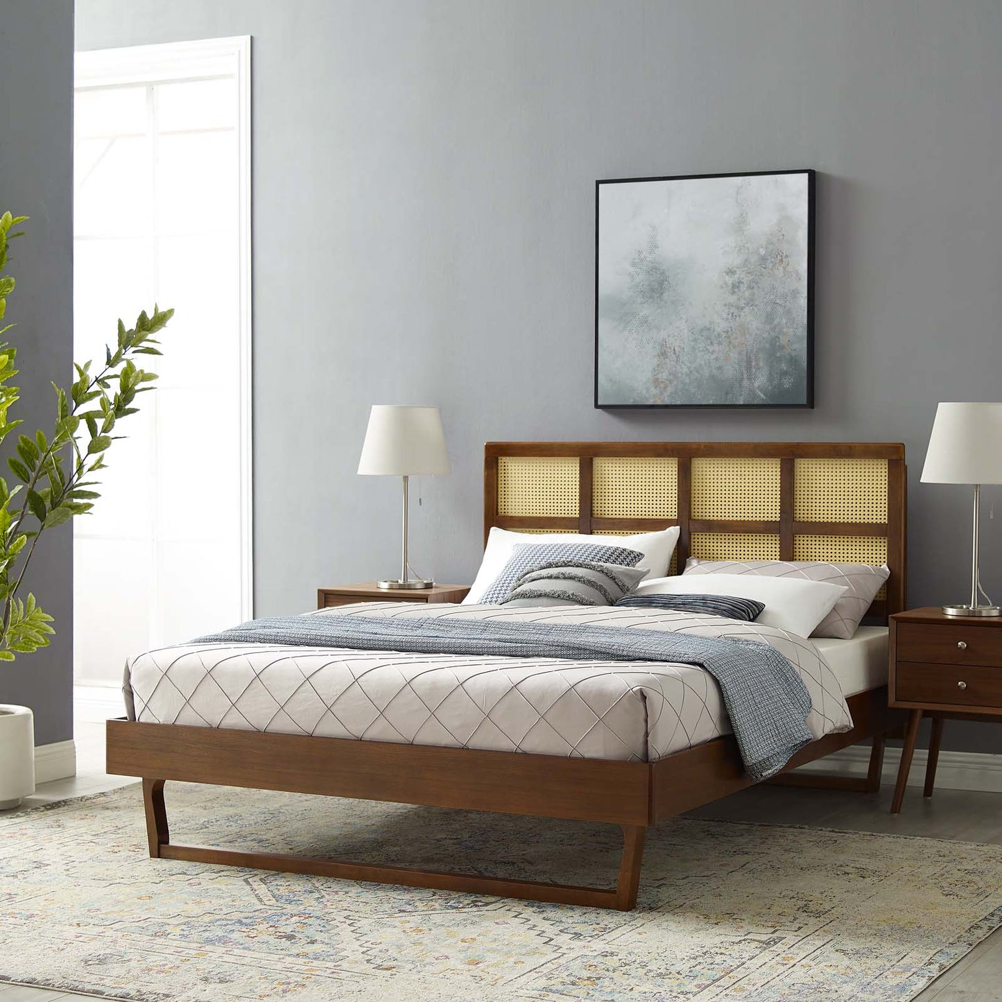 Sidney Cane and Wood Queen Platform Bed With Angular Legs, Wood, Brown Walnut, 22202