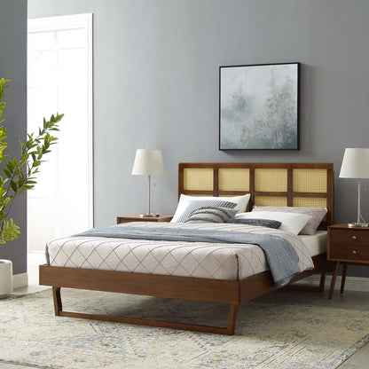 Sidney Cane and Wood Queen Platform Bed With Angular Legs, Wood, Brown Walnut, 22202