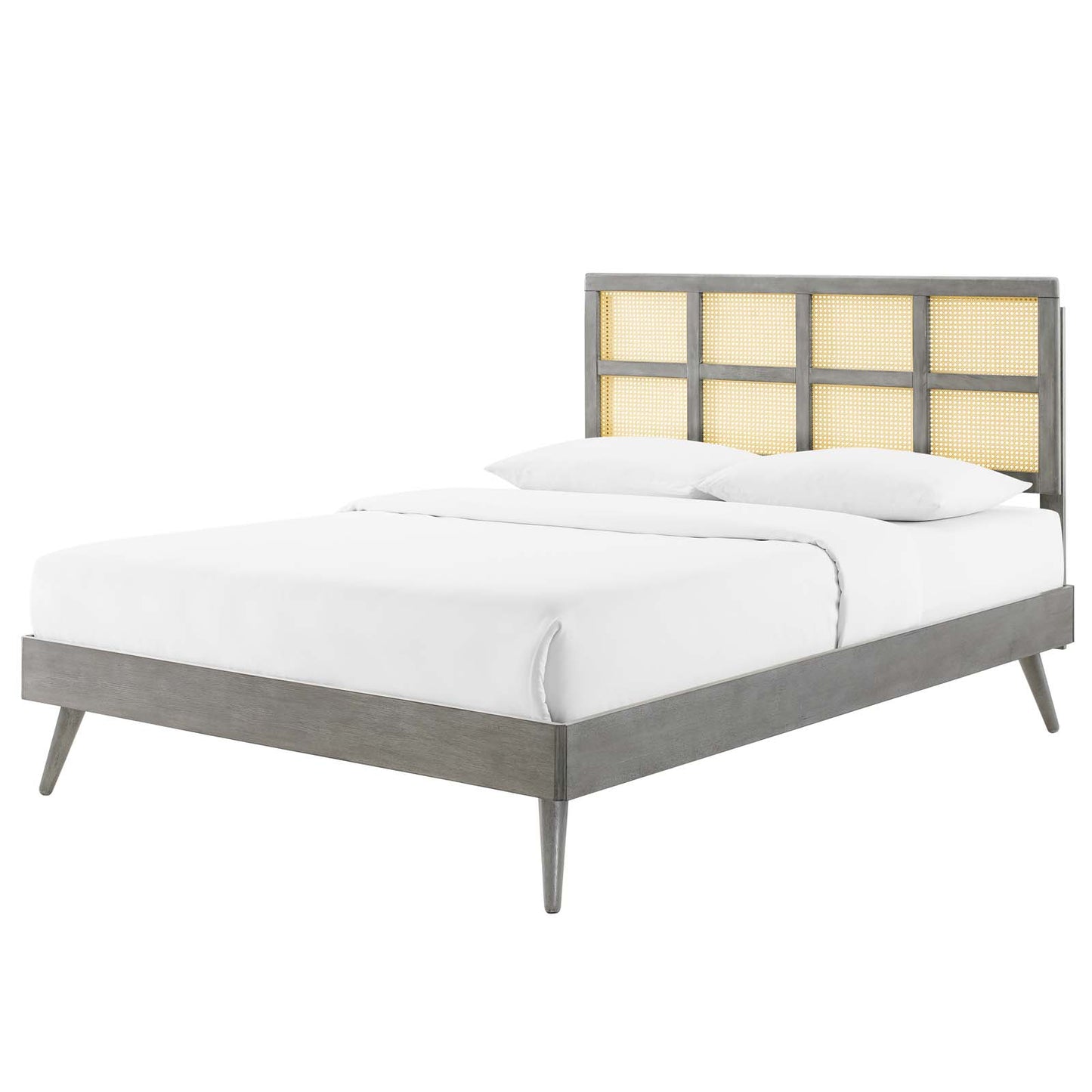 Sidney Cane and Wood Queen Platform Bed With Splayed Legs, Wood, Grey Gray, 22204
