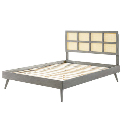 Sidney Cane and Wood Queen Platform Bed With Splayed Legs, Wood, Grey Gray, 22204