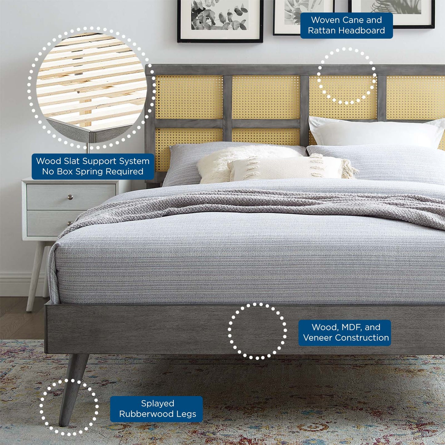 Sidney Cane and Wood Queen Platform Bed With Splayed Legs, Wood, Grey Gray, 22204