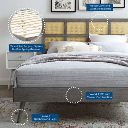 Sidney Cane and Wood Queen Platform Bed With Splayed Legs, Wood, Grey Gray, 22204