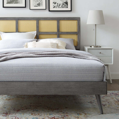Sidney Cane and Wood Queen Platform Bed With Splayed Legs, Wood, Grey Gray, 22204