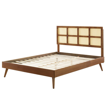 Sidney Cane and Wood Queen Platform Bed With Splayed Legs, Wood, Brown Walnut, 22205