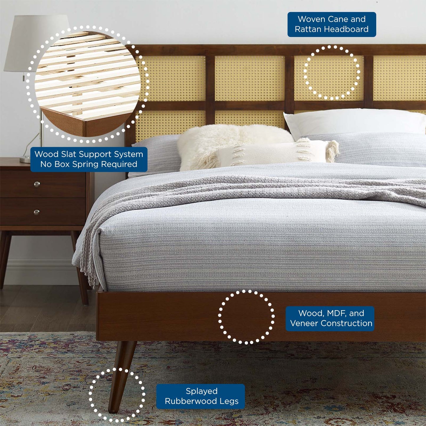 Sidney Cane and Wood Queen Platform Bed With Splayed Legs, Wood, Brown Walnut, 22205